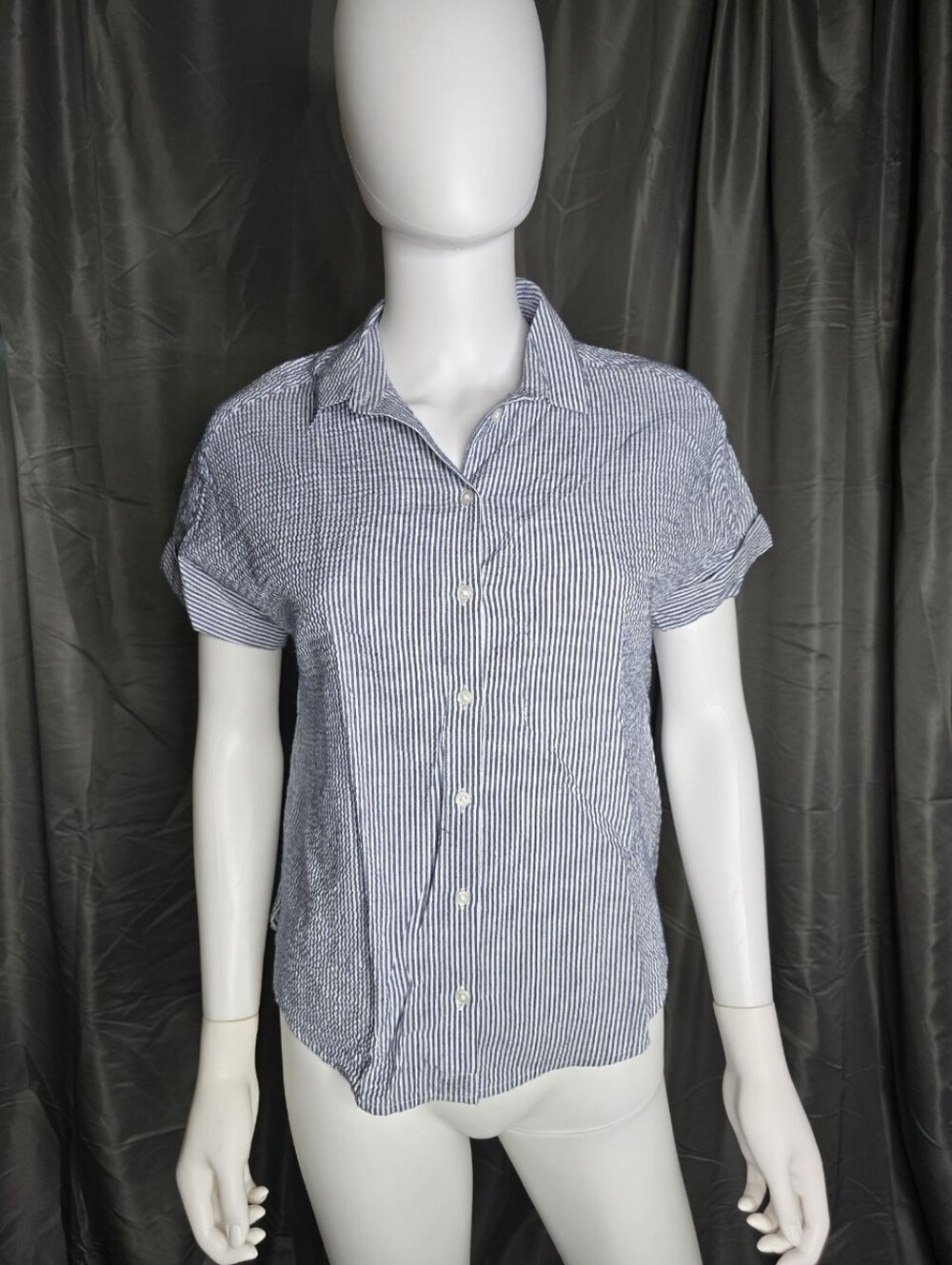 Banana Republic Navy and White Striped Short-Sleeve Button-Down Shirt